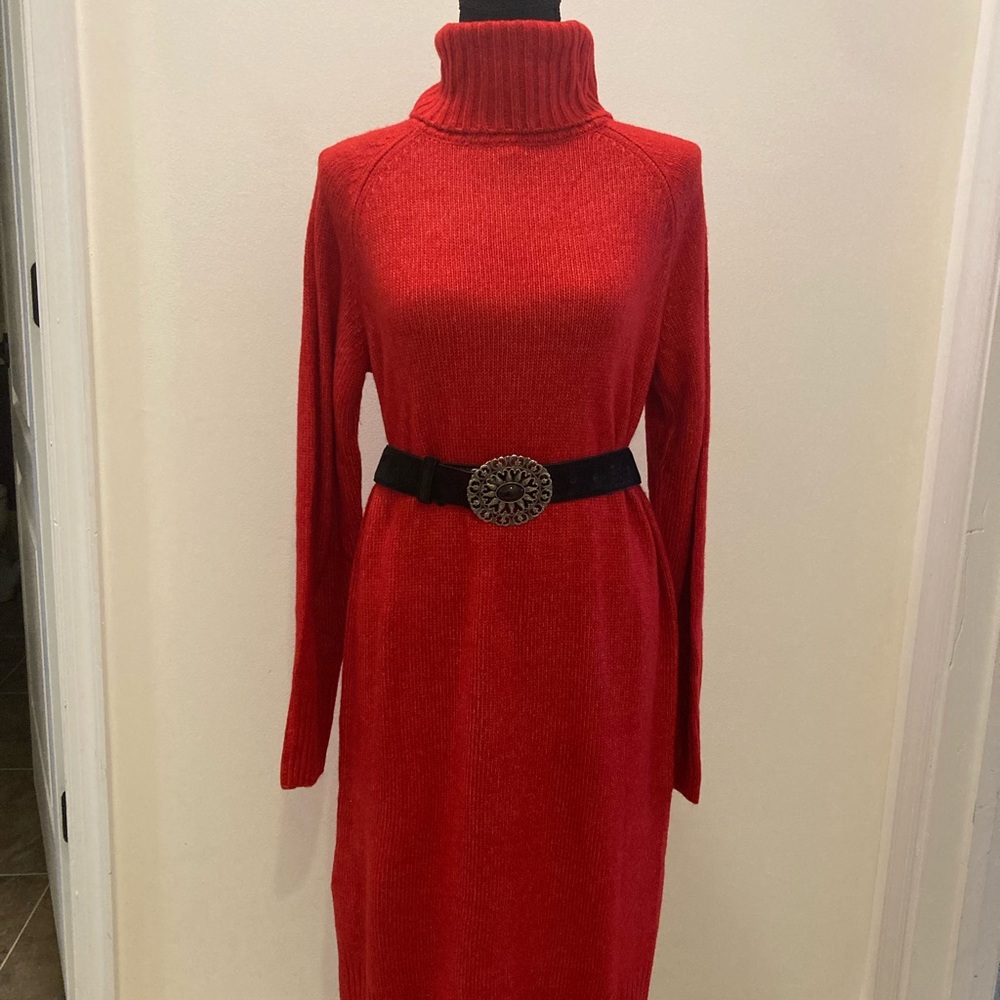 Winter Red Turtleneck Sweater Dress Women Loose